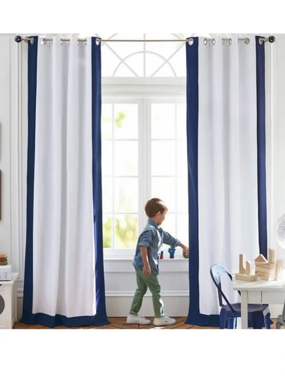 Pottery Barn Kids Window Curtain Panel Parker White w Navy Blue Stripe Trim NEW